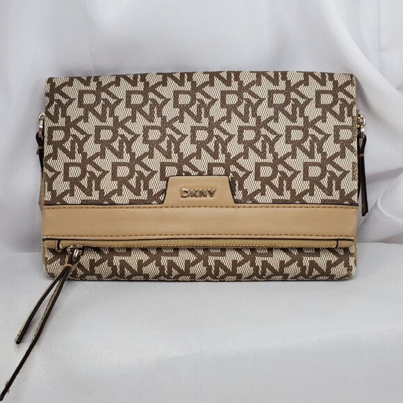 Dkny Handbags - DKNY Monogram Canvas & Leather Beige/Brown Clutch With Zip Pocket